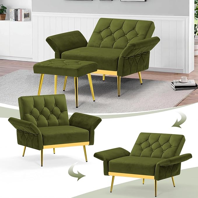 ACMEASE Velvet Accent Chair w/Adjustable Armrests and Backrests, Tufted Single Sofa with Ottoman, Upholstered Reading Chiar for Living Room, Apartment, Bedroom, Olive Green