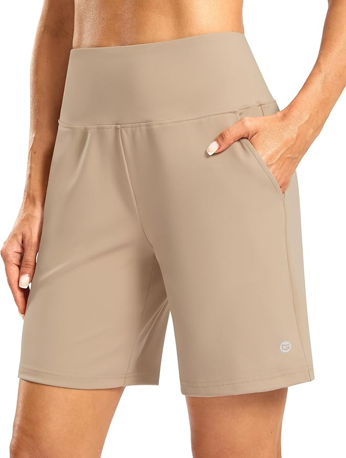 Women's Athletic Shorts with Zipper Pocket 7" High Waisted Stretchy Bermuda Shorts for Women Workout Running Casual