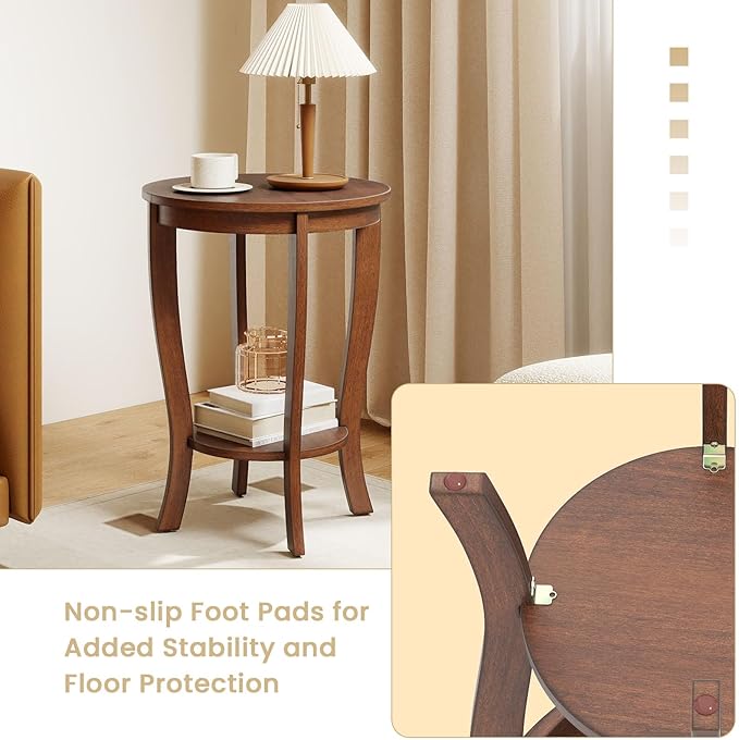 GOFLAME 2-Tier Round End Table Set of 2, 18” Sofa Side Table with Storage Shelf, Floor Tea Table with Solid Wood Legs, Compact Nightstand for Small Space, Living Room, Bedroom, Walnut