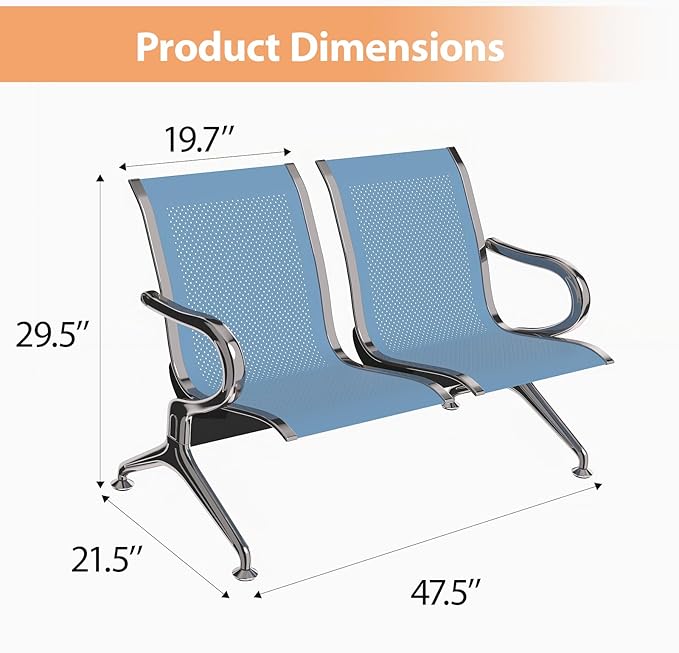 Kinfant 5-Seat Waiting Room Chair - Office Guest Reception Chairs with Ergonomic Backrests, Airport Waiting Bench with Armrests, Metal Waiting Furniture for Hospital, Bank, Blue (2-Seater+3-Seater)