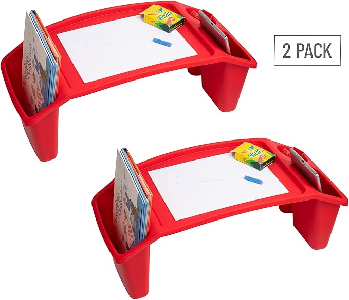 Mind Reader Kids Lap Desk, Portable Activity Tray with Side Storage, Stackable Plastic Desk for Drawing, Snacks, Study, Set of 2, Red