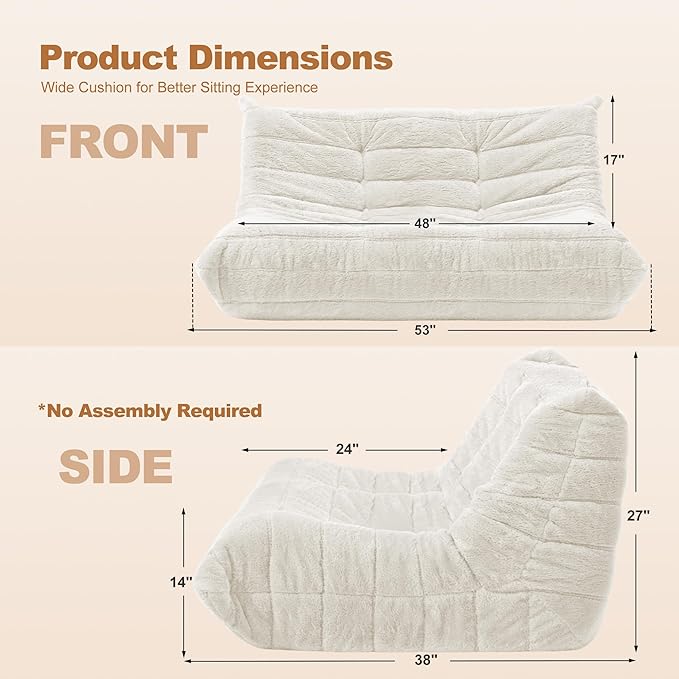Bean Bag Loveseat Chair Big Sofa Beanbag Chair for Adults Fireside Chair Bean Bag Lounger with Memory Foam Filled for Home,Apartment or Gaming Venue（Beige Plush）