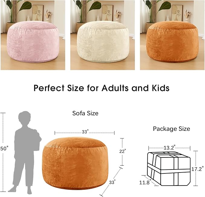Bean Bag Chairs for Adults - Memory Foam Furniture BeanBag Chair - Kids/Teens Sofa with Soft Micro Fiber Cover - Round Fluffy Couch for Living Room Bedroom College Dorm - 3 ft, Golden Brown
