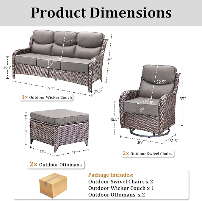 Pugire Luxury High Back Patio Furniture Set with 6-Inch Thick Cushions, 5-Pieces Outdoor Furniture with Swivel Chairs, Wicker Conversation Set for Porch, Balcony, Deck and Yard, Brown/Grey