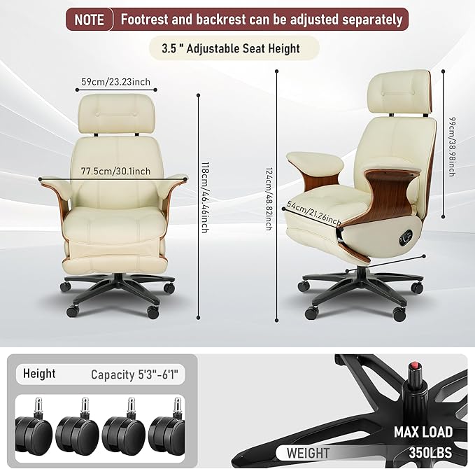 Genuine Leather Office Chair with Electric Reclining, Footrest, Lifting and Massage Function, 350lbs Capacity Ergonomic Executive Chair with Alu Base and 360° Wheels for Home Living Room