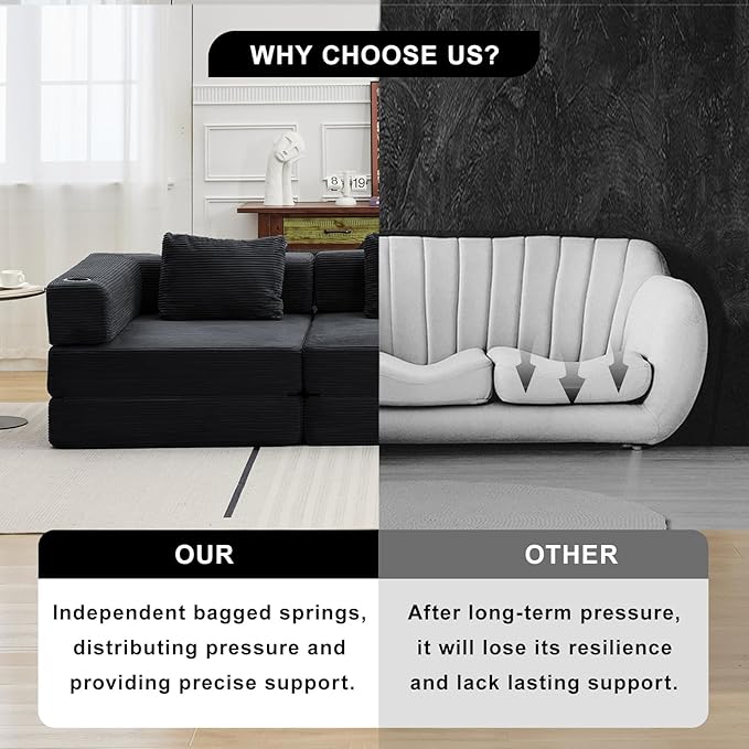 78" Loveseat Sleeper Sofa, 4 in 1 Convertible Floor Sofa Bed, Boneless Cloud Couch with Cup Holder, Fold Out Floor Couch for Living Room Bedroom Lounge, Corduroy, Black