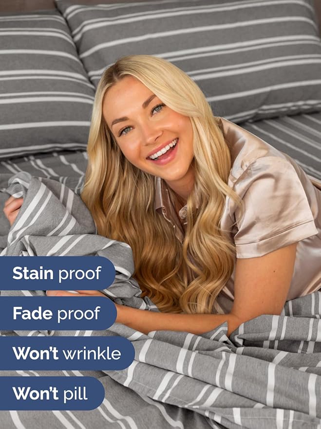 Extra Deep Pocket Split King Sheets - 5 Piece Breathable & Cooling Bed Sheets - Hotel Luxury Bed Sheet Set - Soft, Wrinkle Free & Comfy - Easily Fits Extra Deep Mattresses - Grey Striped Sheets Set