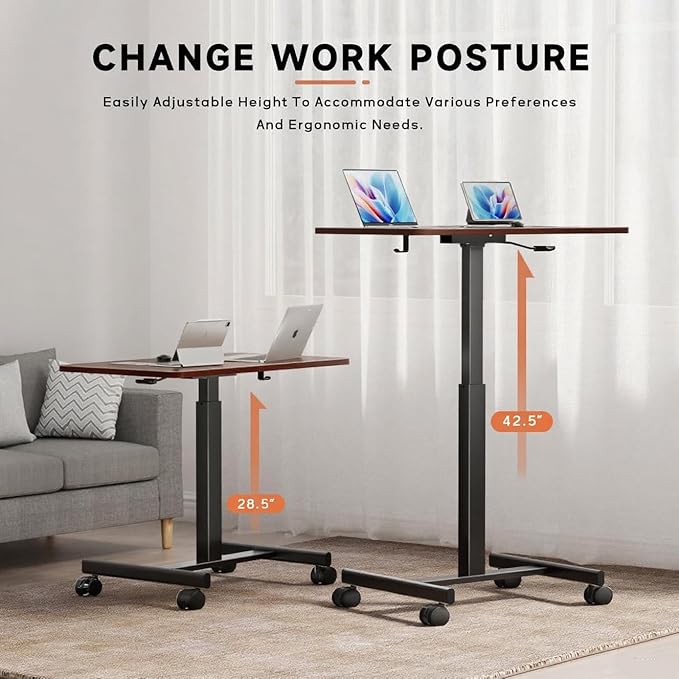 NICECOZY Mobile Standing Desk, Small Teacher Standing Rolling Desk, Portable Laptop Desk with Lockable Wheels, Computer Workstations, Adjustable Height, Dark Walnut