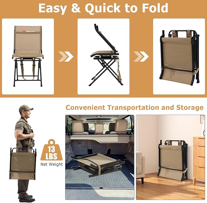 Goplus Hunting Chair, 360° Swivel Hunting Blind Chair with Carrying Strap, 330LBS Capacity, Folding Silent Deer Hunting Chair, Portable Ground Blind Chair for Fishing Camping, No Assembly