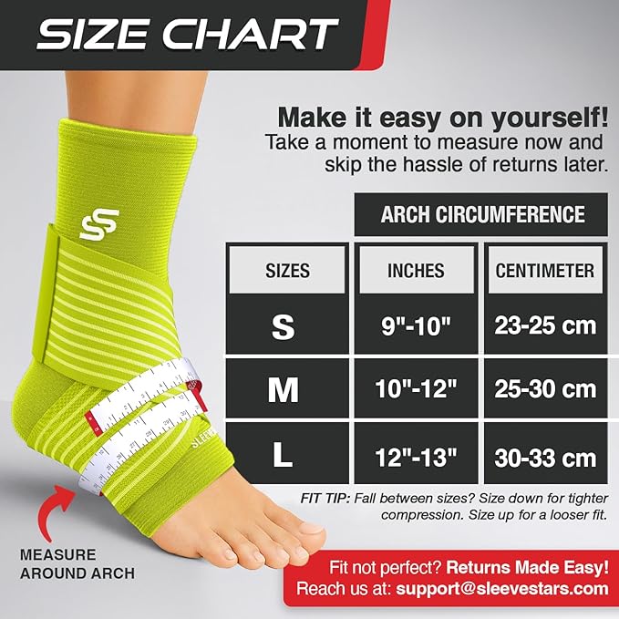 Sleeve Stars Ankle Support for Ligament Damage & Sprained Ankle, Plantar Fasciitis Support & Achilles Tendonitis Pain Relief, Ankle Brace for Women & Men w/Compression Ankle Strap (Single/Neon Green)