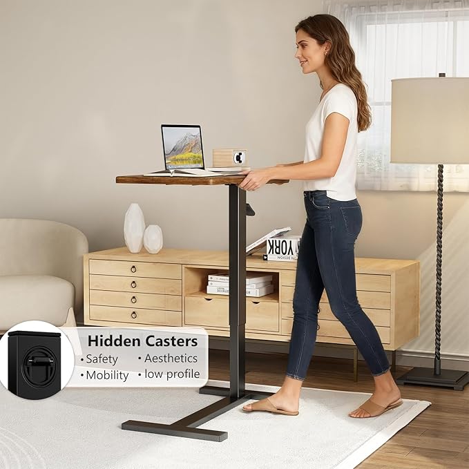 Overbed Bedside Table with Wheels Adjustable Hospital & Home Use Bed Table Rolling Movable Laptop Mobile Standing Desk Pneumatic Computer Cart Waterproof L-Shaped Steel Base Tray Tables,Brown