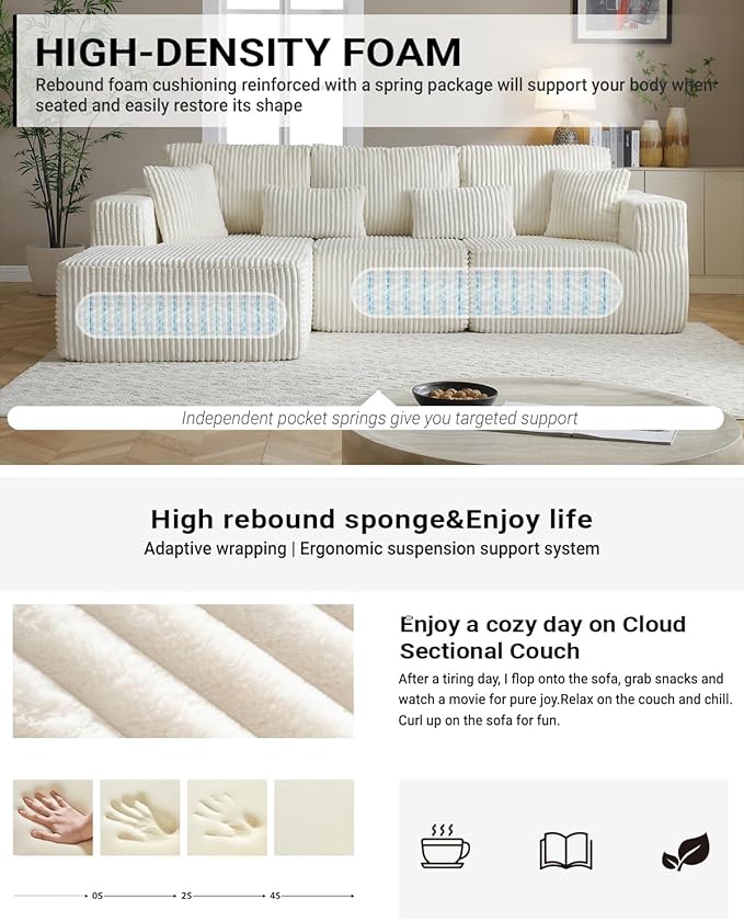 110” Modular Sectional Sofa, Cloud Sectional Couch with Deep Seat, Upholstered Boneless Couches for Living Room, Modern Modular L-Shape Sofa Couch with Chaise (Beige, 110" Left Facing Chaise)