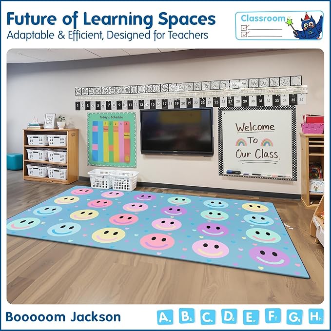 Booooom Jackson 7'6''x13' Pastel Smileys Classroom Rug for Kids Room Seating Décor - Thick Nylon Large Preschool Carpet Daycare Rug for Teaching & Playroom, Non-Slip &No Triping,20X Stain Resistance