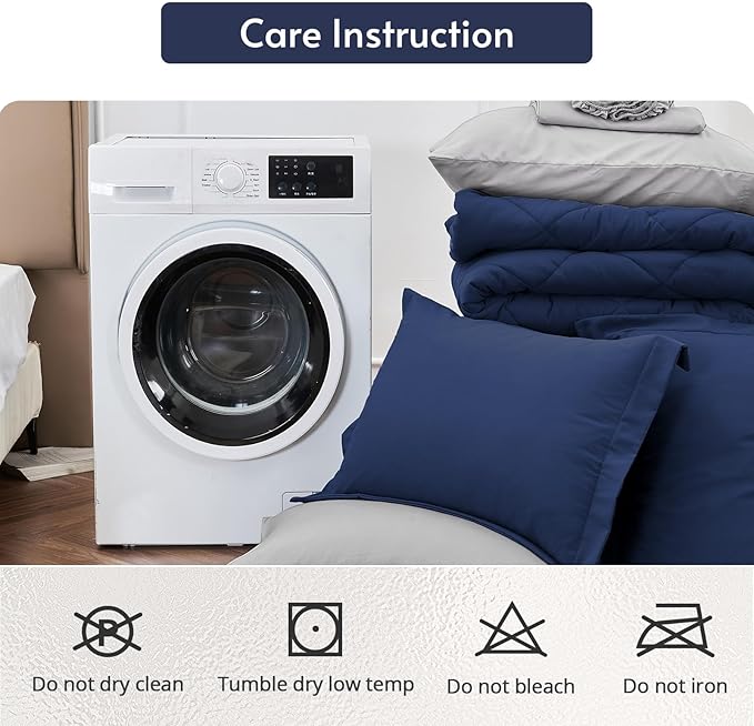 MUXHOMO 7 Pieces Full Comforter Set, Reversible Bed in a Bag Full Size, All Season Bedding Set with Comforter, Flat Sheet, Fitted Sheet, Pillowcases & Shams, Navy & Light Grey