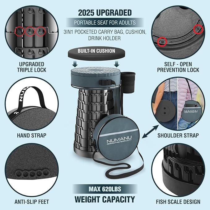NUMANU 2025 Upgraded Collapsible Stool & 3IN1 Cushioned Carry Bag, 2.5"-18" Height Adjustable Max 620lbs, Portable Retractable Telescoping Seat, Foldable Camping Stool or Footrest for Adults (Round)