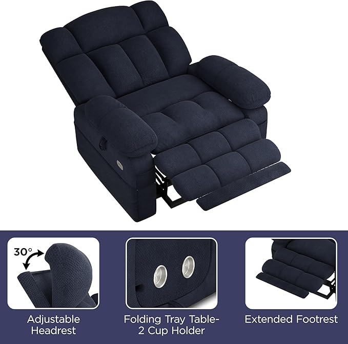 Dual Motor Power Lift Recliner Chair for Elderly with Adjustable Headrest,Extra Wide Recliner Chair with Massage,Lay Flat Recliner with Extended Footrest,Cup holder,Storebox,USB&Type-C Ports,Navy Blue