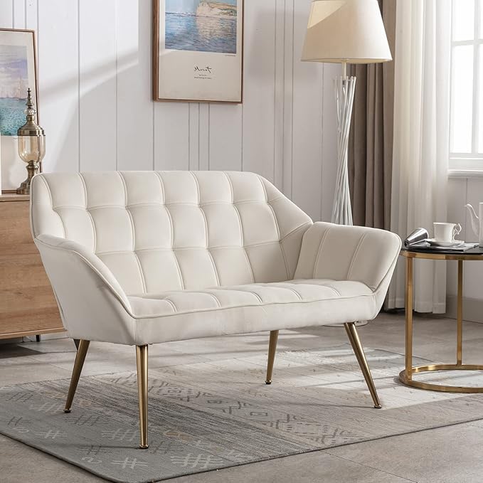 QUINJAY 48" Small Loveseat for Small Spaces, Modern Sherpa Mini Sofa Couch 2-Seater Velvet Love Seat with Quilting Back and Gold Legs for Living Room/Bedroom, Cream