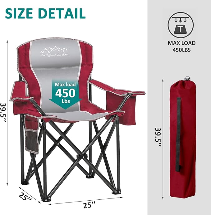 SAILARY Folding Camping Chair Portable Outdoor Heavy Duty Padded Chairs Lawn Chair with Cup Holder, Storage Pocket and Cooler Bag, Supports 450LBS Red