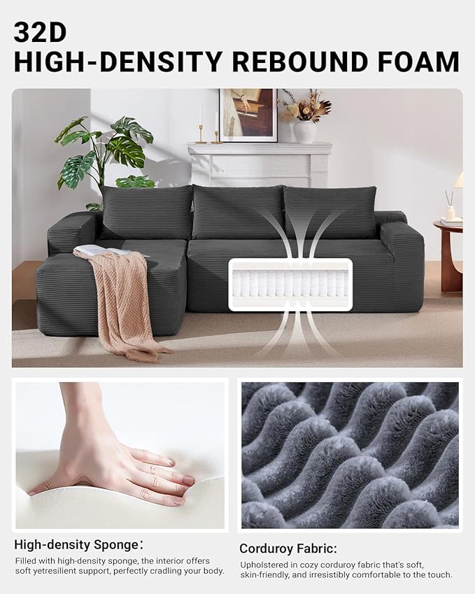 96 Inch Cloud Sectional Couch,Modern Modular Sectional Sofa with Deep Seat,Corduroy Boneless Couches with L-Shape Chaise for Living Room Bedroom,No Assembly Required (Grey, Left Facing Chaise)