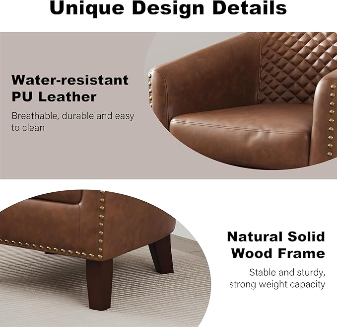 DREAMSIDEA Accent Barrel Chair, Upholstered Faux Leather Club Chair with Nailed Trim, Comfy Reading Armchair for Living Room Bedroom Reception Room Office (Brown, Set of 2)