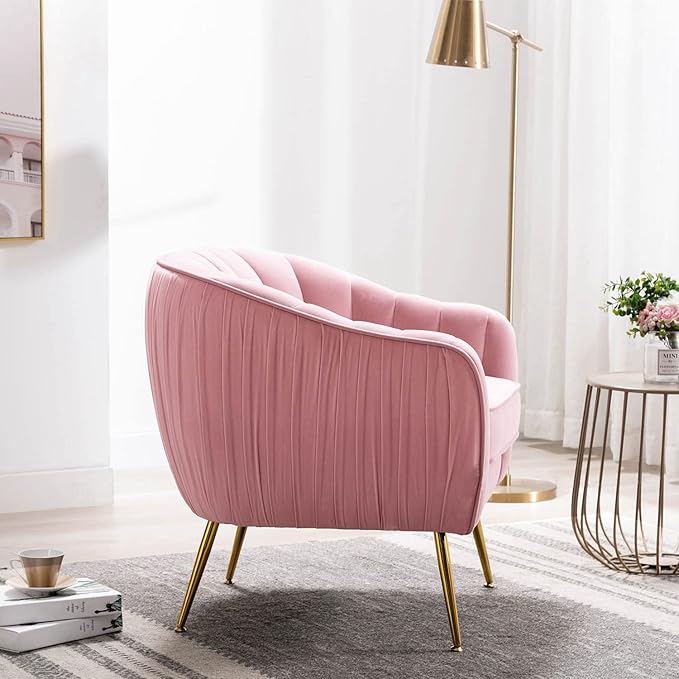 Altrobene Velvet Accent Chair, Modern Barrel Arm Chair for Living Room Bedroom with Gold Finished Legs, Blush Pink