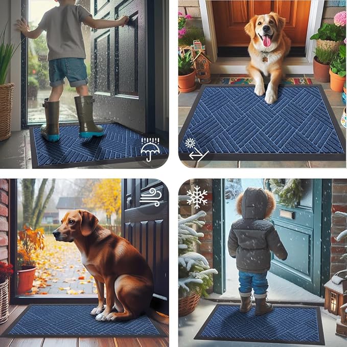 Smiry Front Door Mat Outside Entrance, Heavy Duty Outdoor Indoor Mat, Natural Rubber Doormat, Non Slip, Trap Dirt and Moisture, Easy Clean, Low Profile Patio Porch Entryway Mat, 29.5x17, Ocean Blue