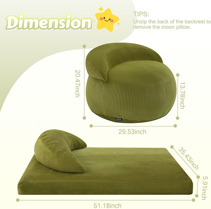 COMAX Bean Bag Chair for Kids, Convertible Toddler Beanbag Bed Corduroy, Children Bean Chair Stuffed to Floor Mattress with Filler, Light Green
