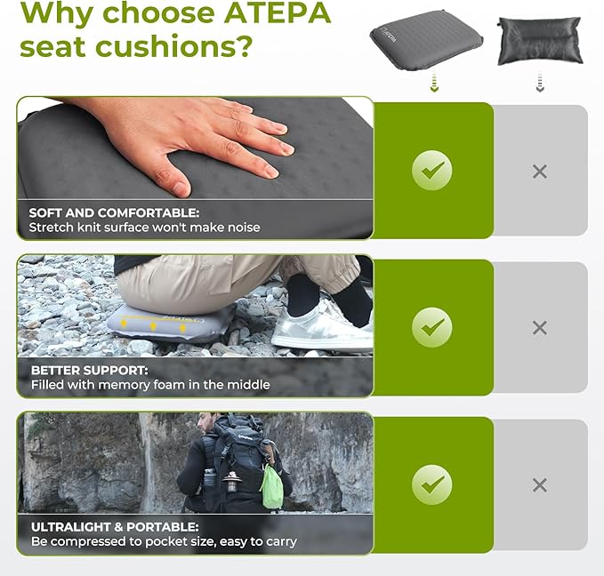 ATEPA Inflatable Seat Cushion, Self-Inflating Portable Stadium Airplane Travel Foam Cushion Pad for Camping, Sports Events, Outdoor