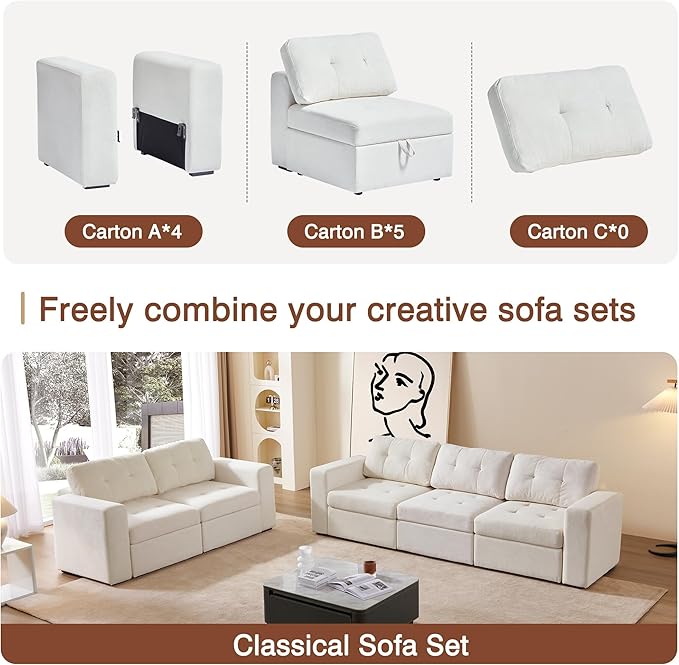 ORRD Modular Sectional Couch, Small Loveseat Sofa with Storage, 2 Seater Sofa Modular for Living Room, Office (Beige White)