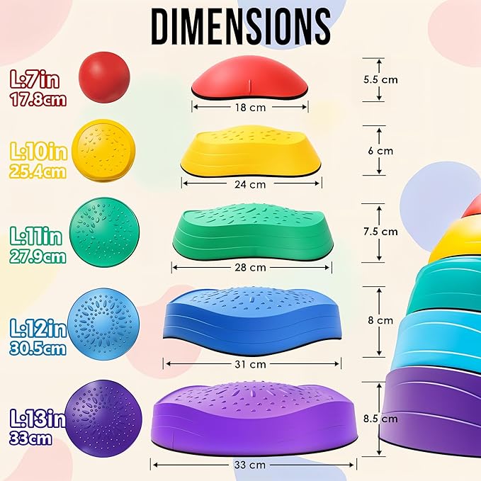FUNTASTICVENTURES Kids Stepping Stones – 5-Piece Balance and Coordination Obstacle Course Set with Non-Slip Silicone Bottoms for Indoor and Outdoor Active Play