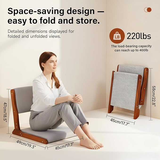 Tiita Foldable Tatami Chair, Japanese loor Chair, Wood Legless Back Rest Chairs with Cushion, Accent Meditation Floor Chairs Bay Window, Walnut Grey