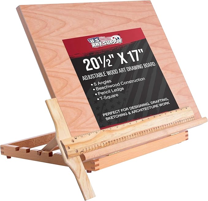 U.S. Art Supply Large 20-1/2" x 17" Wooden Drawing Board, Adjustable Table Top Easel for Painting and Drawing - Drafting Board with T-Square, Pencil Ledge