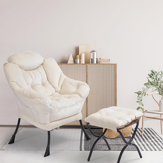 Modern Lazy Chair with Ottoman, Comfortable Lounge Chair for Bedroom, Chair and Ottoman Set, Lounge Accent Chair with Footrest for Bedroom, Garden and Courtyard (White)