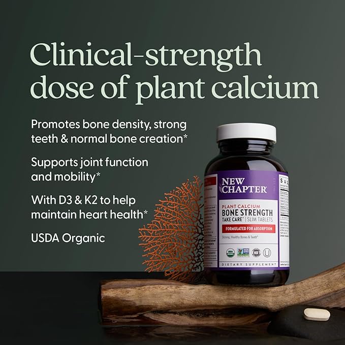 New Chapter Calcium Supplement - Bone Strength Plant-Based USDA Organic Calcium with Magnesium, Vitamin D3+K2, for Bone Health & Joint Mobility, Heart Support, 905 mg dose - 180 Slim Tablets