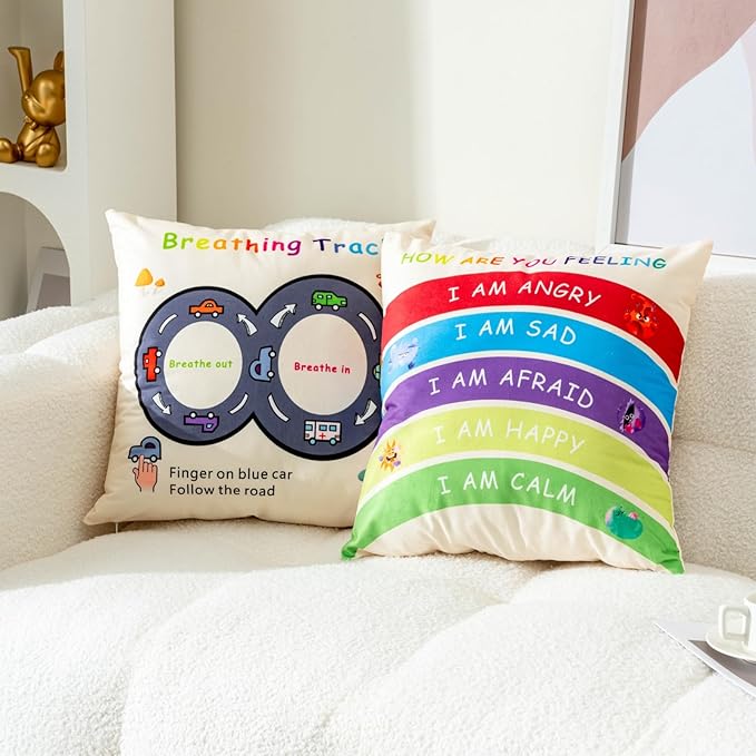B BBPM Classroom Decor Throw Pillow Covers Set of 2 - Calming Corner School Counselor Office Mental Health Decor Calm Down Corner Supplies Cozy Corner Feelings Pillow Therapy Office Decor 18x18 Cream
