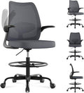 Tall Drafting Chair Ergonomic Home Office Desks Chairs Standing Desk Chair with Flip-up Armrests Adjustable Height Breathable Mesh Office Chair with Lumbar Support and Adjustable Footrest Ring Grey