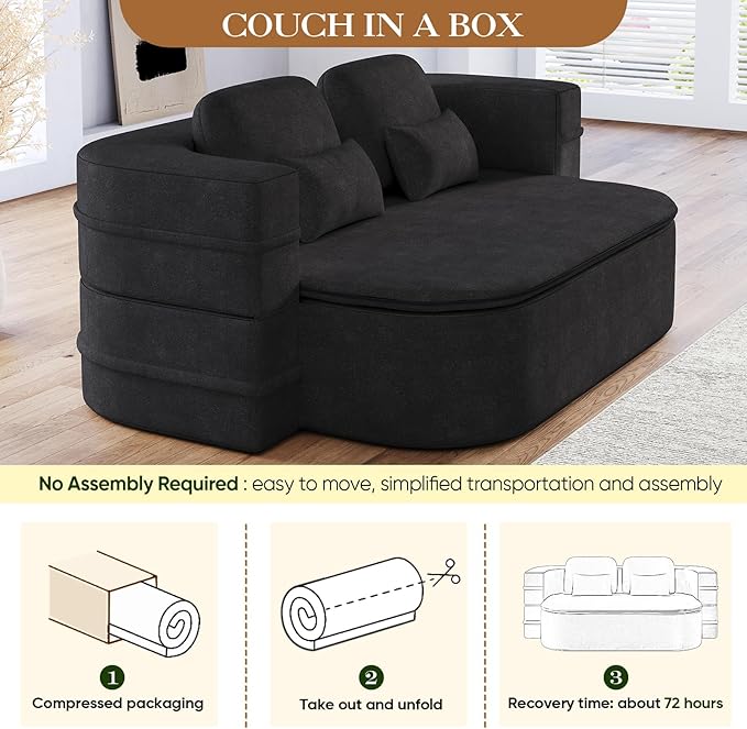 Antetek Convertible Sleeper Sofa, Modern Folding Futon Chenille Floor Foam Compression Loveseat Sofa Bed Couch, Foldable Full Size Guest Bed with 4 Pillows for Living Room Bedroom Apartment, Black