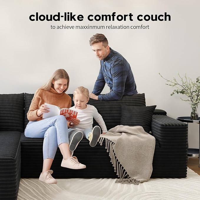 139.4" Modular Sectional Sofa Couch, Oversized U-Shaped Minimalist Couches with 2 Ottomans Chaise and 2 Middle Seats, Modern Deep Seat Cloud Plush Corduroy Sofas Set for Living Room, 8 Seater, Black