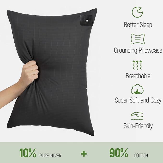 Groundingtop Grounding Pillow Case King Conductive Grounding Pillowcase 10% Silver Fiber 90% Cotton Grounding Sheet for Better Sleep Pain Relief Improve Energy (20X36in) Black 1PC