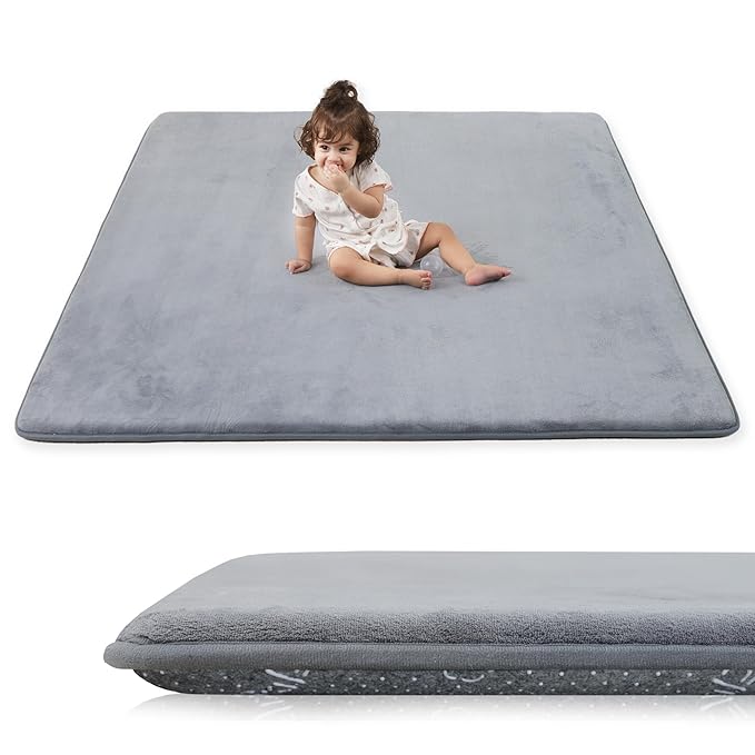 PAPAMAT 1.3" Thick Baby Floor Play Mat 59x79, Basic Padded Foam Mat for Tummy Time Crawling, Non Slip Cushioned for Babies Toddlers Infants Kids (Light Grey)