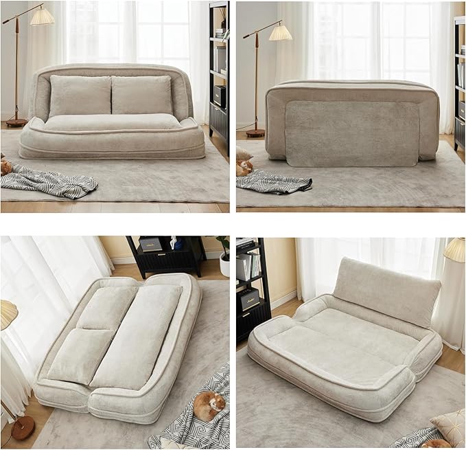 Foldable Lazy Sofa Bed, Chenille Upholstered Human Dog Bed for Adults, 2 in 1 Convertible Floor Sofa with 5 Adjustable Backrest Positions and Soft Cushions for Living Room (Beige)