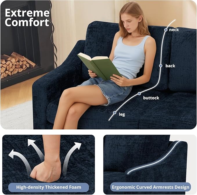 ACMEASE 67” Chenille 2-Seat Sofa w/Comfortable Back Cushions, Modern Love Seat w/Deep Seat Space, Upholstered 2 Seater Couch w/High Resiliency Foam for Living Room, Office Blue