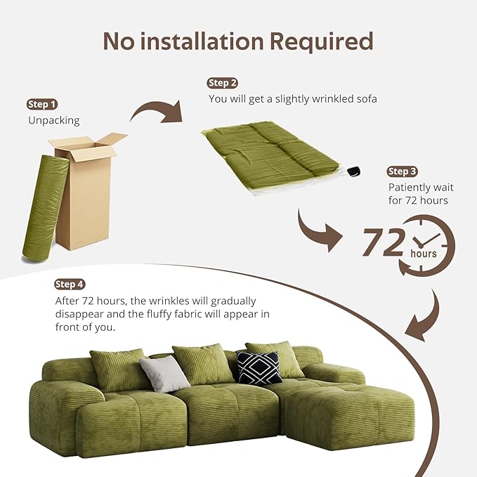 Aosaifen Modern L-Shaped Modular Sectional Sofa for Living Room，Oversized 3-Seater Couch with Deep Seat and Movable Ottoman – No Assembly,Comfortable Corduroy Fabric Boneless Sofa (Green)