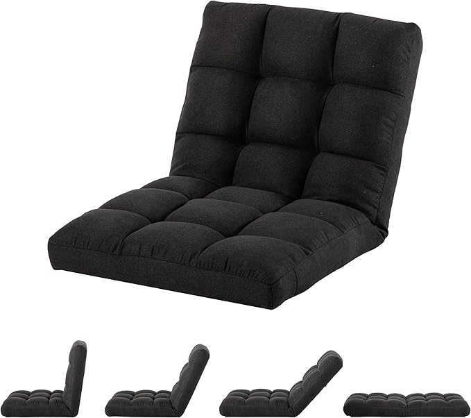 Folding Floor Chair with Back Support, Adjust Lay Flat Recliner Oversized Lounge Wide Lazy Boy Gaming Ergonomic Single Sofa Seat for Living Room Bedroom(Black)