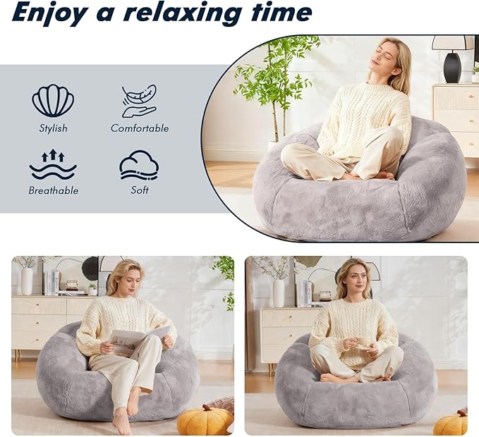 3.28 Feet Bean Bag Chair for Adults, Shell-Shaped Bean Bag Lazy Couch, Faux Fur Cloud Sofa Chair, Lounge Floor Sofa with Filler for Reading, Gaming & Watching, No Assembly Required (Light Grey)