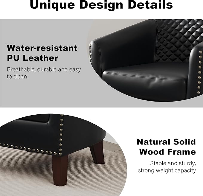 DREAMSIDEA Accent Barrel Chair, Upholstered Faux Leather Club Chair with Nailed Trim, Comfy Reading Armchair for Living Room Bedroom Reception Room Office (Black, Set of 4)