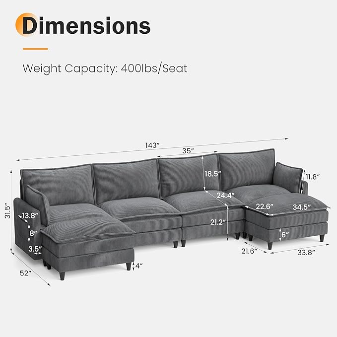 Apicizon 143" Cloud Couch Sectional, 4-Seat Deep Sofa Couch with Ottoman, Modern U Shape Sectional Cloud Sofa Corduroy for Living Room, Apartment, Office, Grey