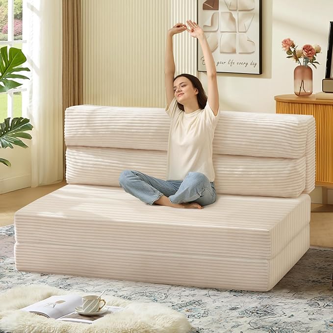 Folding Sofa Bed, Convertible Sleeper Chair with Pilow Foldable Matress, 2 in 1 Pull Out Loveseat Sofa Portable Fold Out Chair Bed Floor Couch Lounge for Living Room Bedroom (Beige, Full)