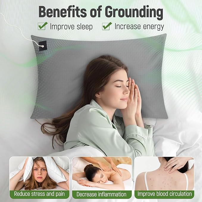 Groundingtop Earth Pillowcase Upgraded 10% Silver Fiber Grounding Pillow case, 90% Cotton Grounded Bed Pillow Cover for Better Sleep Pain Relief Improve Energy, Queen 20x36 Inch, Gray 1PC
