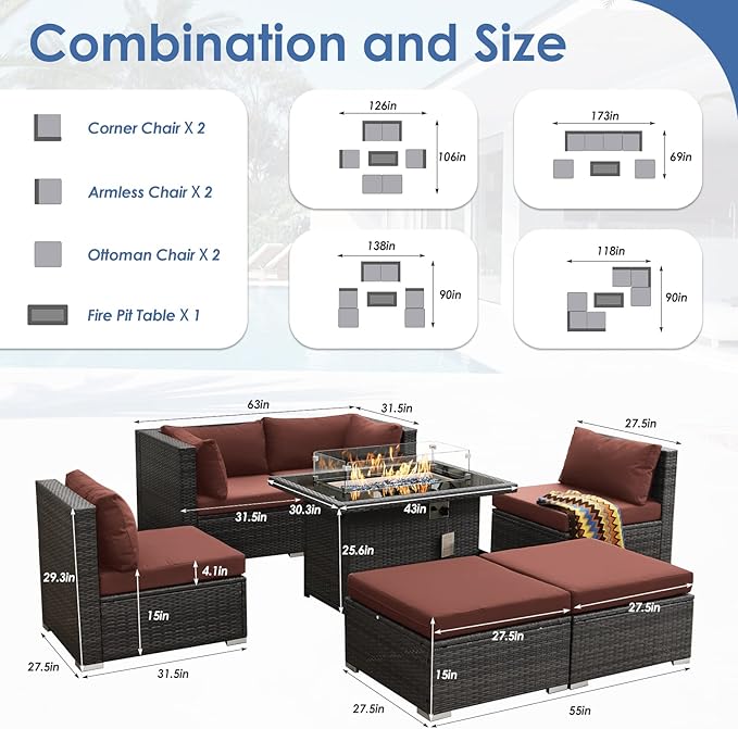 RADIATA 7 Piece Wicker Patio Furniture Set with Fire Pit, All-Weather Outdoor Sectional Couch High Back Large Size, Modular Backyard Seating Sofa Set with Propane/Natural Gas Firepit Table, Grey&Red